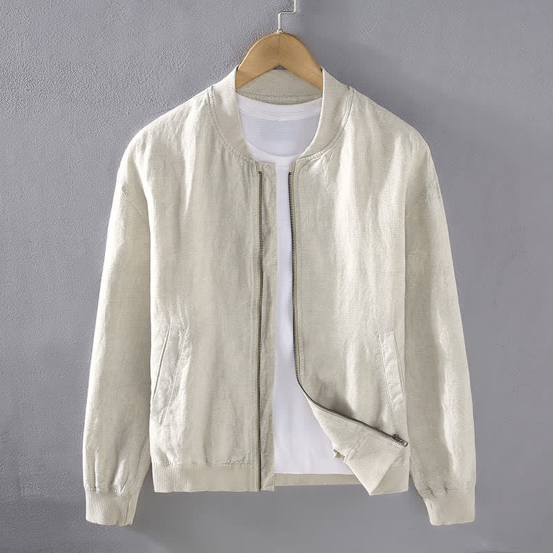 Buddha Stones Lässige, minimalistische Leinenjacke für Herren mit Reißverschluss und Taschen im Frühlingsstil - Blanchierte Mandel - US/ UK/AU42, EU52 (3XL) - image 0
