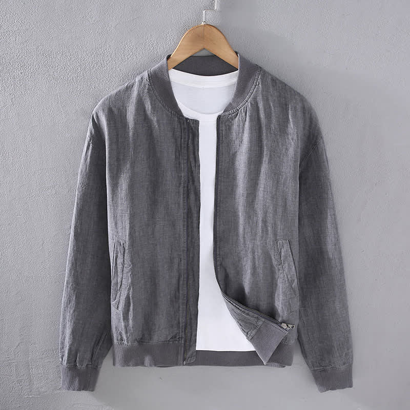 Buddha Stones Lässige, minimalistische Leinenjacke für Herren mit Reißverschluss und Taschen im Frühlingsstil - Grau - US/ UK/AU42, EU52 (3XL) - image 1