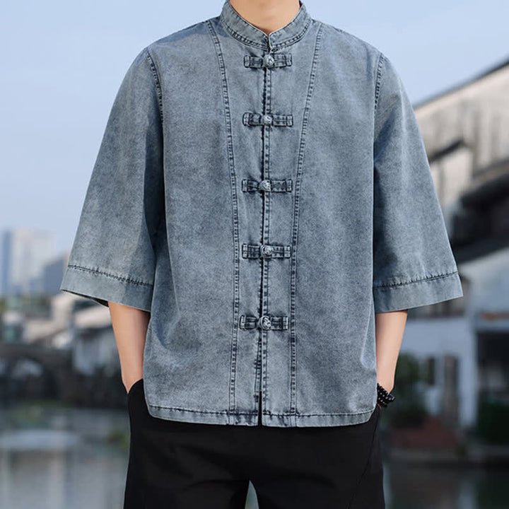 Buddha Stones Frühlings-Vintage-Herrenjacke im Tang-Stil mit Froschknopfleiste, aus einfarbiger Baumwolle, kurze Ärmel und Ellbogenlänge. - SteelBlue - US/ UK/AU46, EU56 (5XL) - image 13