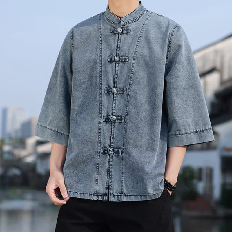 Buddha Stones Frühlings-Vintage-Herrenjacke im Tang-Stil mit Froschknopfleiste, aus einfarbiger Baumwolle, kurze Ärmel und Ellbogenlänge. - image 15