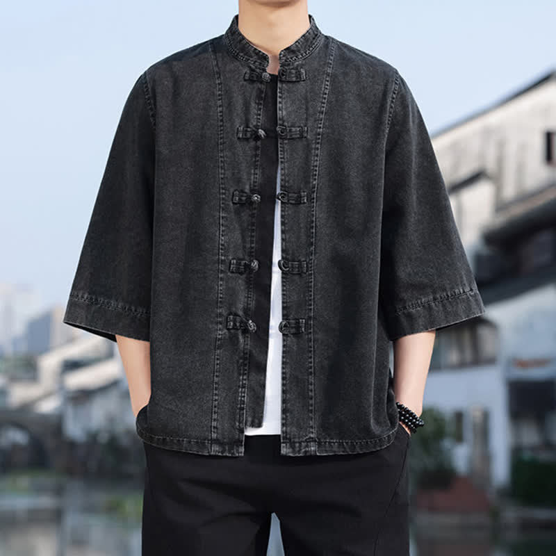 Buddha Stones Frühlings-Vintage-Herrenjacke im Tang-Stil mit Froschknopfleiste, aus einfarbiger Baumwolle, kurze Ärmel und Ellbogenlänge. - image 2