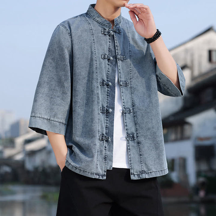 Buddha Stones Frühlings-Vintage-Herrenjacke im Tang-Stil mit Froschknopfleiste, aus einfarbiger Baumwolle, kurze Ärmel und Ellbogenlänge. - image 16