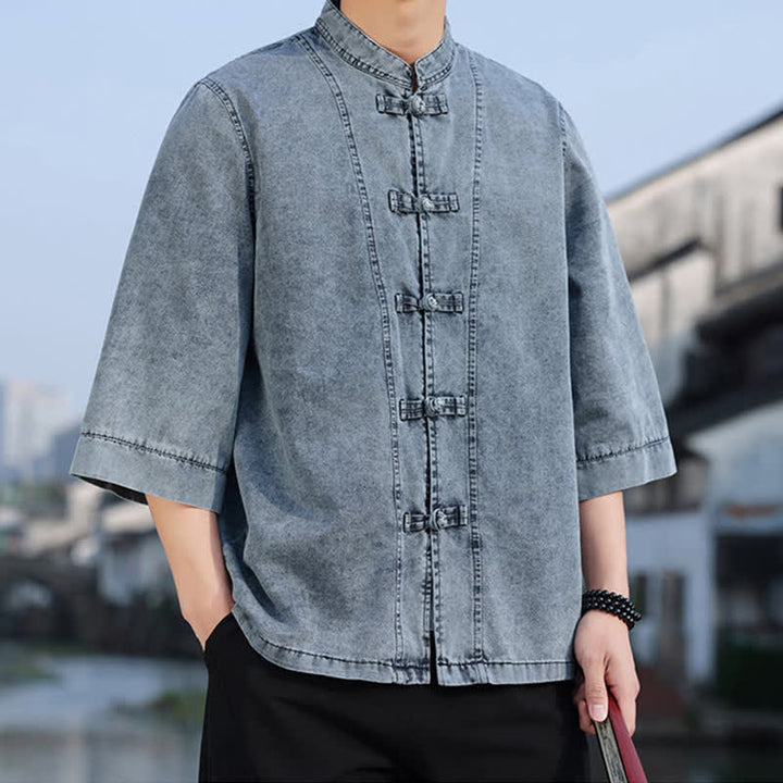 Buddha Stones Frühlings-Vintage-Herrenjacke im Tang-Stil mit Froschknopfleiste, aus einfarbiger Baumwolle, kurze Ärmel und Ellbogenlänge. - image 14