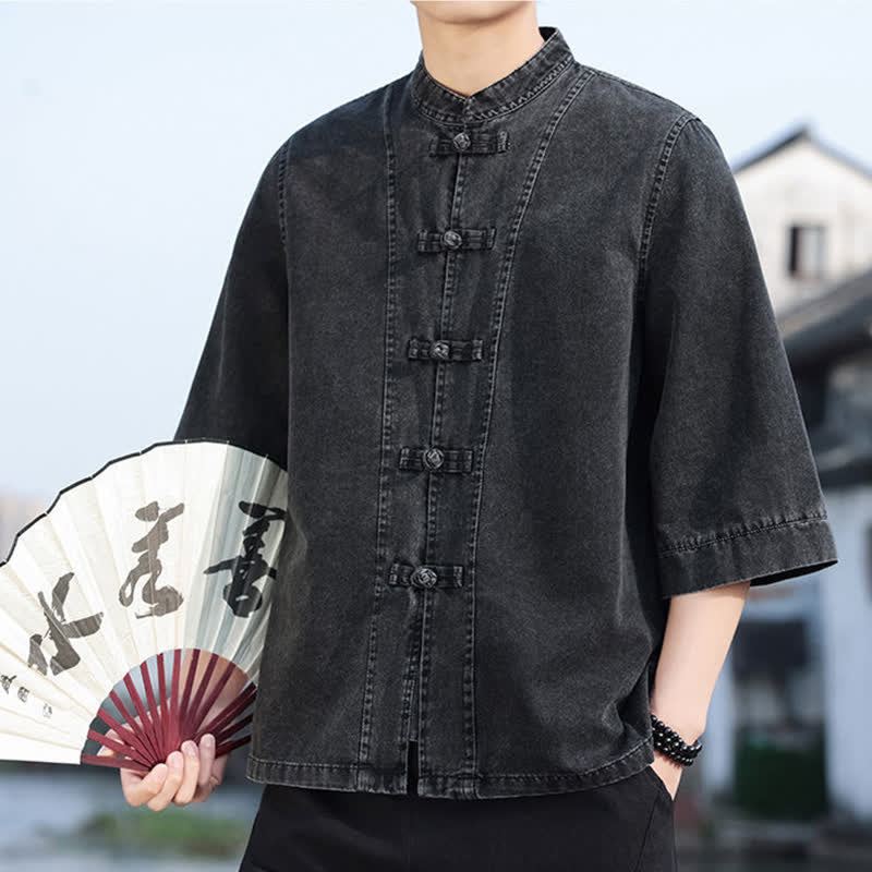 Buddha Stones Frühlings-Vintage-Herrenjacke im Tang-Stil mit Froschknopfleiste, aus einfarbiger Baumwolle, kurze Ärmel und Ellbogenlänge. - image 8