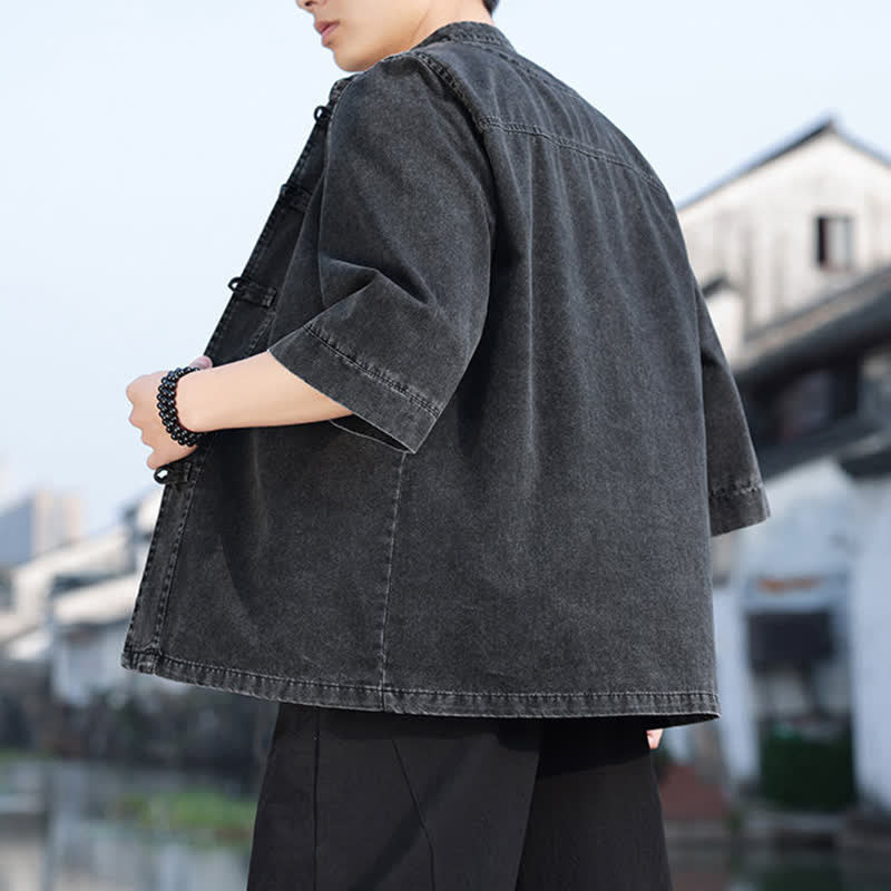 Buddha Stones Frühlings-Vintage-Herrenjacke im Tang-Stil mit Froschknopfleiste, aus einfarbiger Baumwolle, kurze Ärmel und Ellbogenlänge. - image 4