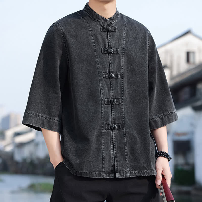 Buddha Stones Frühlings-Vintage-Herrenjacke im Tang-Stil mit Froschknopfleiste, aus einfarbiger Baumwolle, kurze Ärmel und Ellbogenlänge. - image 7