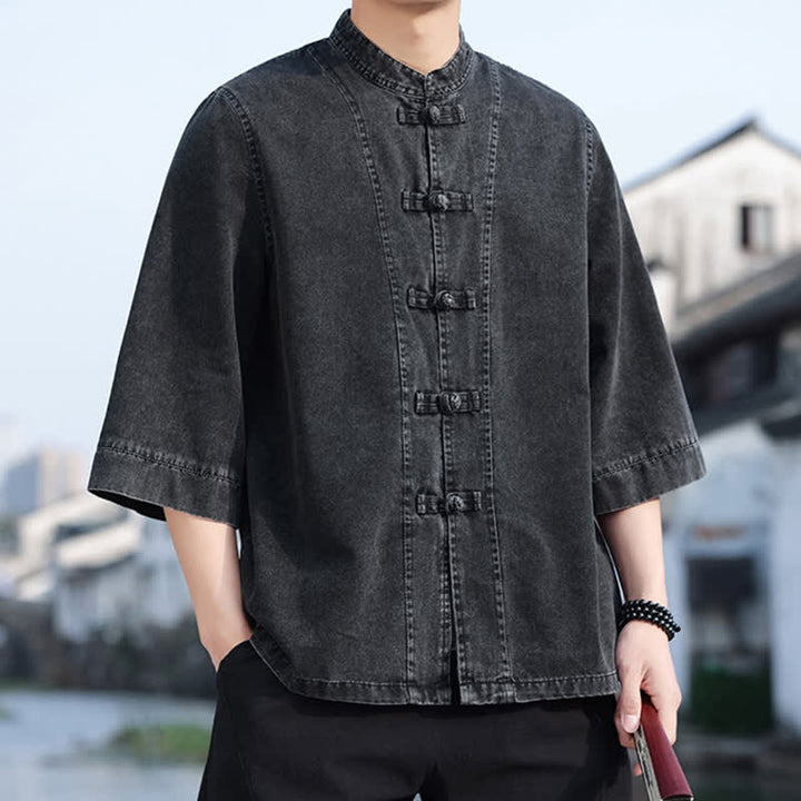 Buddha Stones Frühlings-Vintage-Herrenjacke im Tang-Stil mit Froschknopfleiste, aus einfarbiger Baumwolle, kurze Ärmel und Ellbogenlänge. - image 7