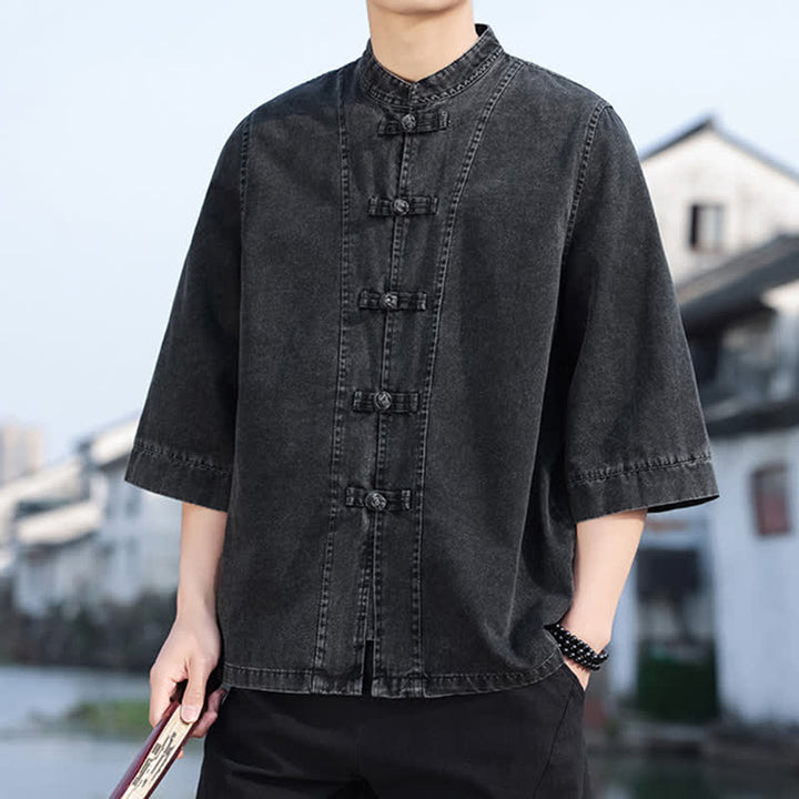 Buddha Stones Frühlings-Vintage-Herrenjacke im Tang-Stil mit Froschknopfleiste, aus einfarbiger Baumwolle, kurze Ärmel und Ellbogenlänge. - image 5