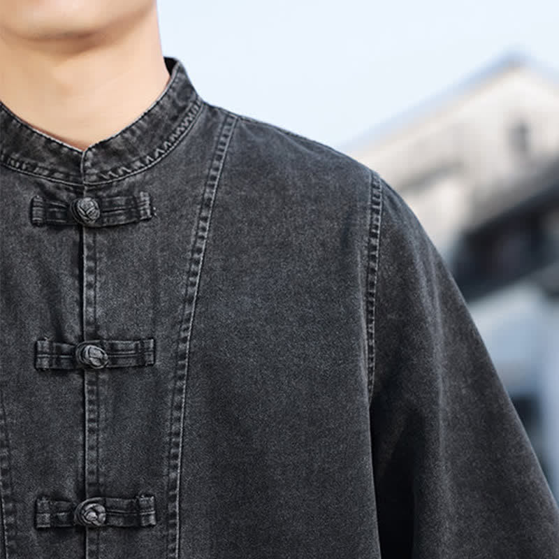 Buddha Stones Frühlings-Vintage-Herrenjacke im Tang-Stil mit Froschknopfleiste, aus einfarbiger Baumwolle, kurze Ärmel und Ellbogenlänge. - image 10