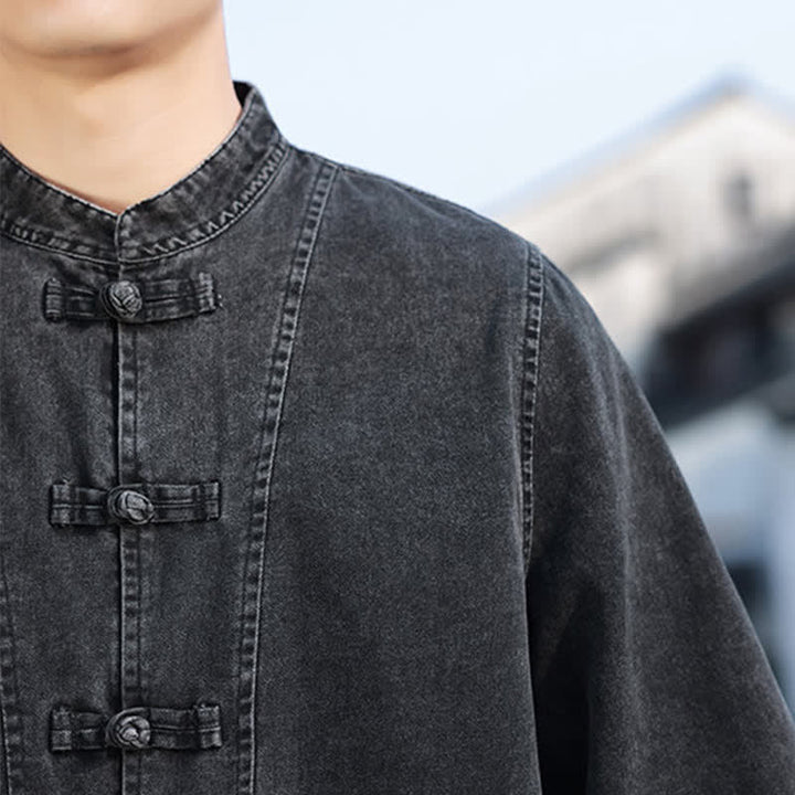 Buddha Stones Frühlings-Vintage-Herrenjacke im Tang-Stil mit Froschknopfleiste, aus einfarbiger Baumwolle, kurze Ärmel und Ellbogenlänge. - image 10