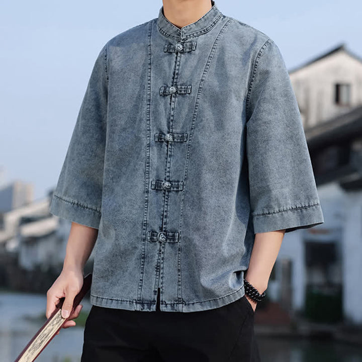 Buddha Stones Frühlings-Vintage-Herrenjacke im Tang-Stil mit Froschknopfleiste, aus einfarbiger Baumwolle, kurze Ärmel und Ellbogenlänge. - image 18