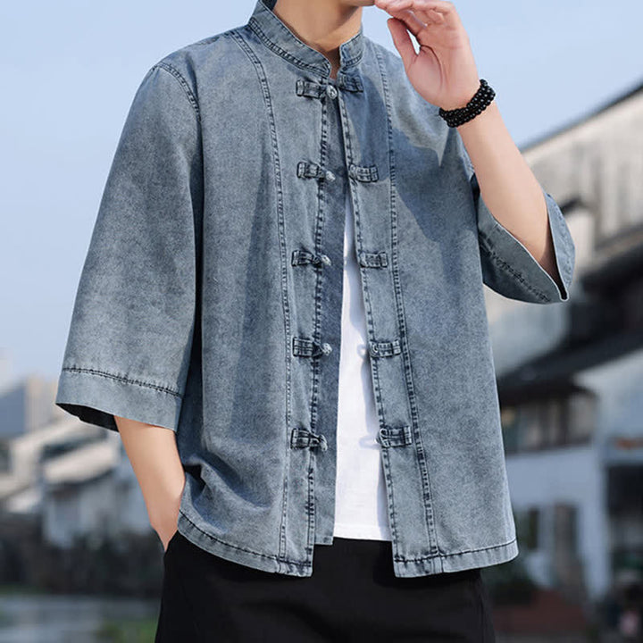 Buddha Stones Frühlings-Vintage-Herrenjacke im Tang-Stil mit Froschknopfleiste, aus einfarbiger Baumwolle, kurze Ärmel und Ellbogenlänge. - image 19