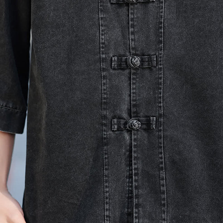 Buddha Stones Frühlings-Vintage-Herrenjacke im Tang-Stil mit Froschknopfleiste, aus einfarbiger Baumwolle, kurze Ärmel und Ellbogenlänge. - image 11