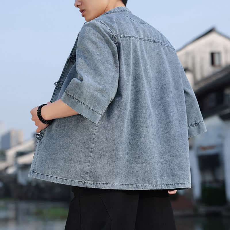Buddha Stones Frühlings-Vintage-Herrenjacke im Tang-Stil mit Froschknopfleiste, aus einfarbiger Baumwolle, kurze Ärmel und Ellbogenlänge. - image 17