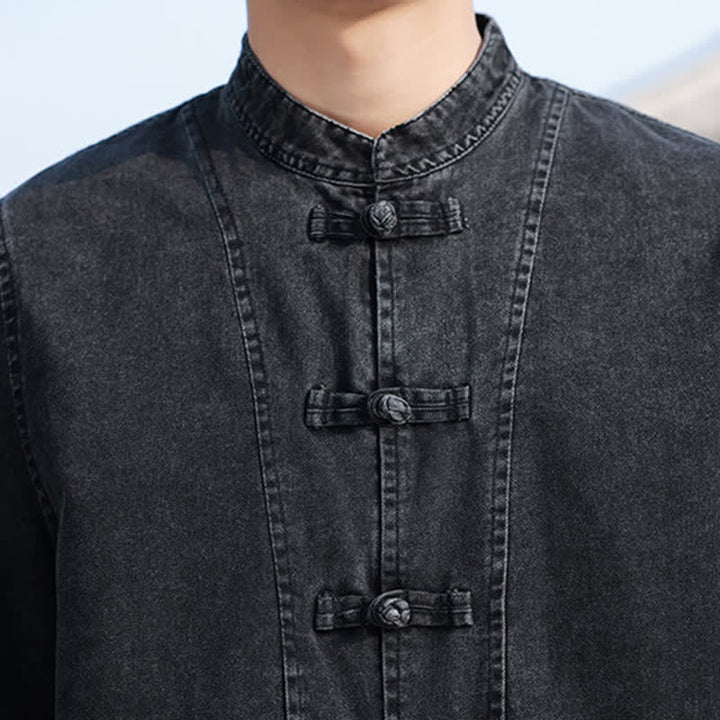 Buddha Stones Frühlings-Vintage-Herrenjacke im Tang-Stil mit Froschknopfleiste, aus einfarbiger Baumwolle, kurze Ärmel und Ellbogenlänge. - image 9