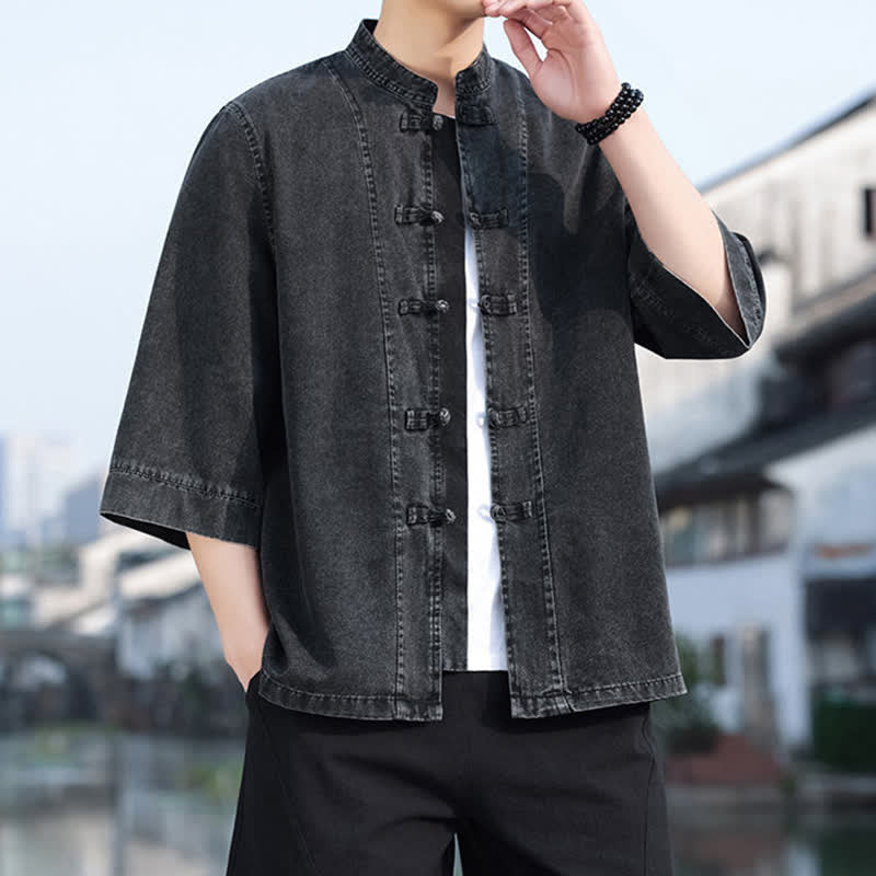 Buddha Stones Frühlings-Vintage-Herrenjacke im Tang-Stil mit Froschknopfleiste, aus einfarbiger Baumwolle, kurze Ärmel und Ellbogenlänge. - Schwarz - US/ UK/AU46, EU56 (5XL) - image 0
