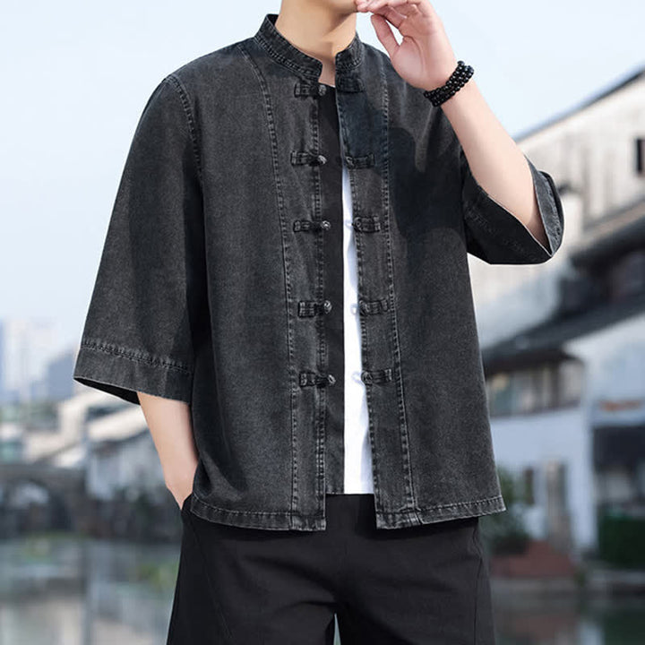 Buddha Stones Frühlings-Vintage-Herrenjacke im Tang-Stil mit Froschknopfleiste, aus einfarbiger Baumwolle, kurze Ärmel und Ellbogenlänge. - Schwarz - US/ UK/AU46, EU56 (5XL) - image 0