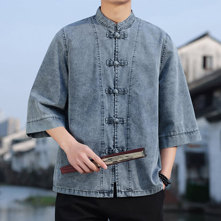 Buddha Stones Frühlings-Vintage-Herrenjacke im Tang-Stil mit Froschknopfleiste, aus einfarbiger Baumwolle, kurze Ärmel und Ellbogenlänge. - image 22