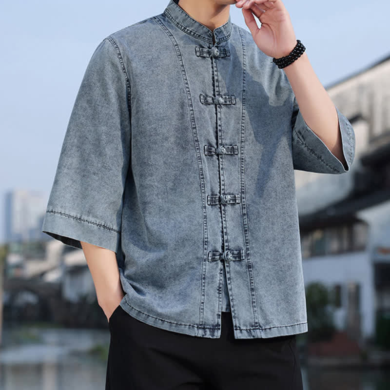 Buddha Stones Frühlings-Vintage-Herrenjacke im Tang-Stil mit Froschknopfleiste, aus einfarbiger Baumwolle, kurze Ärmel und Ellbogenlänge. - image 20