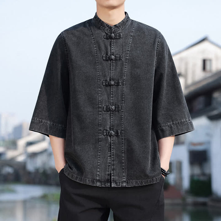 Buddha Stones Frühlings-Vintage-Herrenjacke im Tang-Stil mit Froschknopfleiste, aus einfarbiger Baumwolle, kurze Ärmel und Ellbogenlänge. - image 3