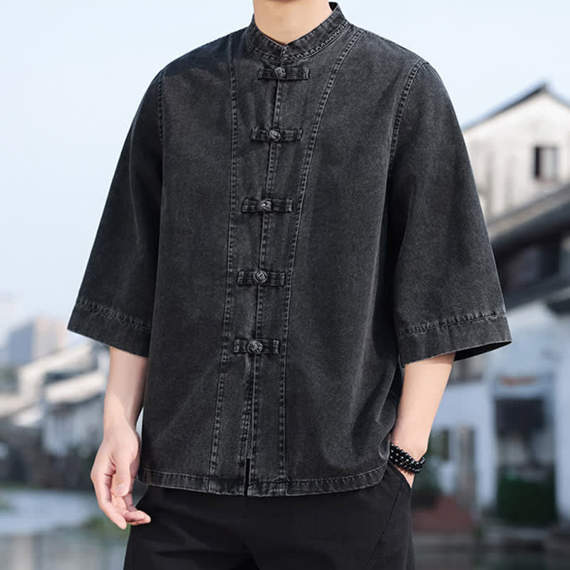 Buddha Stones Frühlings-Vintage-Herrenjacke im Tang-Stil mit Froschknopfleiste, aus einfarbiger Baumwolle, kurze Ärmel und Ellbogenlänge. - image 1