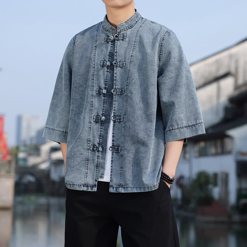 Buddha Stones Frühlings-Vintage-Herrenjacke im Tang-Stil mit Froschknopfleiste, aus einfarbiger Baumwolle, kurze Ärmel und Ellbogenlänge. - image 21