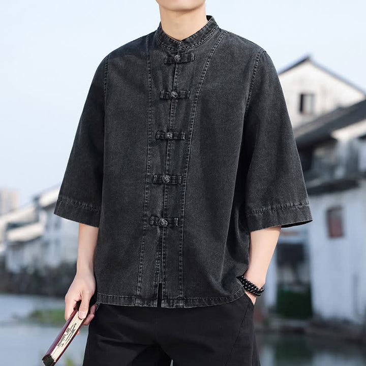 Buddha Stones Frühlings-Vintage-Herrenjacke im Tang-Stil mit Froschknopfleiste, aus einfarbiger Baumwolle, kurze Ärmel und Ellbogenlänge. - image 6