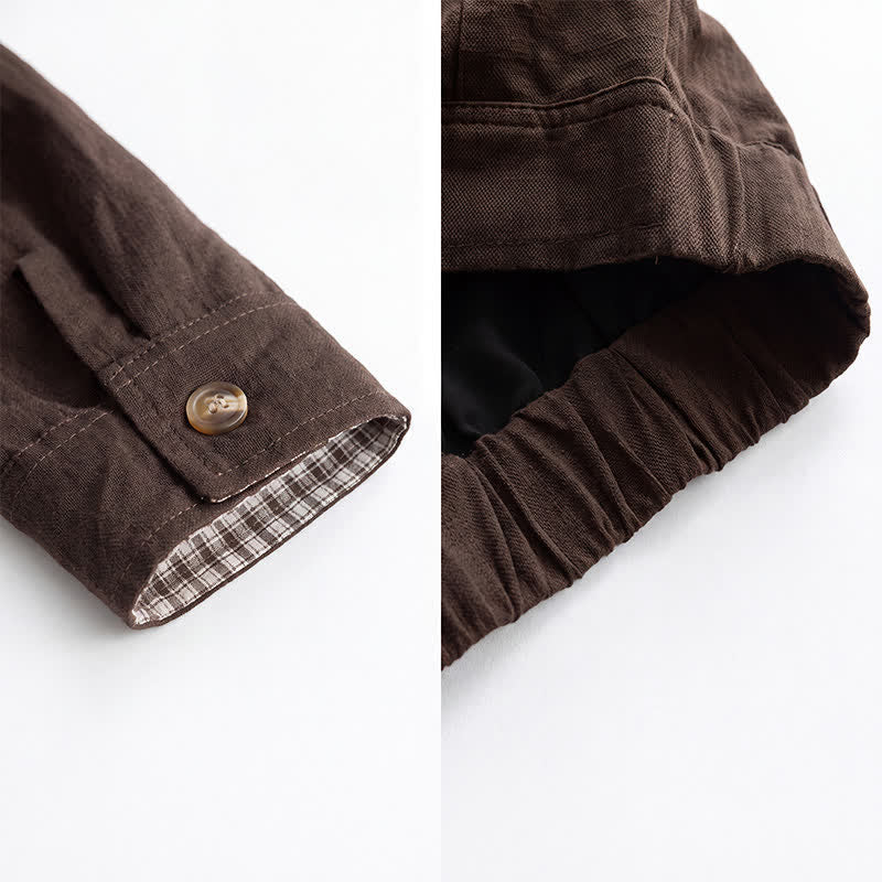 Buddha Stones Lässige Vintage-Herrenjacke aus einfarbigem Leinen mit Knopfleiste und Taschen für den Herbst - image 6