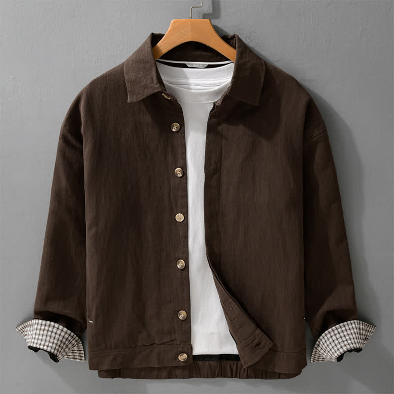 Buddha Stones Lässige Vintage-Herrenjacke aus einfarbigem Leinen mit Knopfleiste und Taschen für den Herbst - Sattelbraun - US/ UK/AU42, EU52 (3XL) - image 0