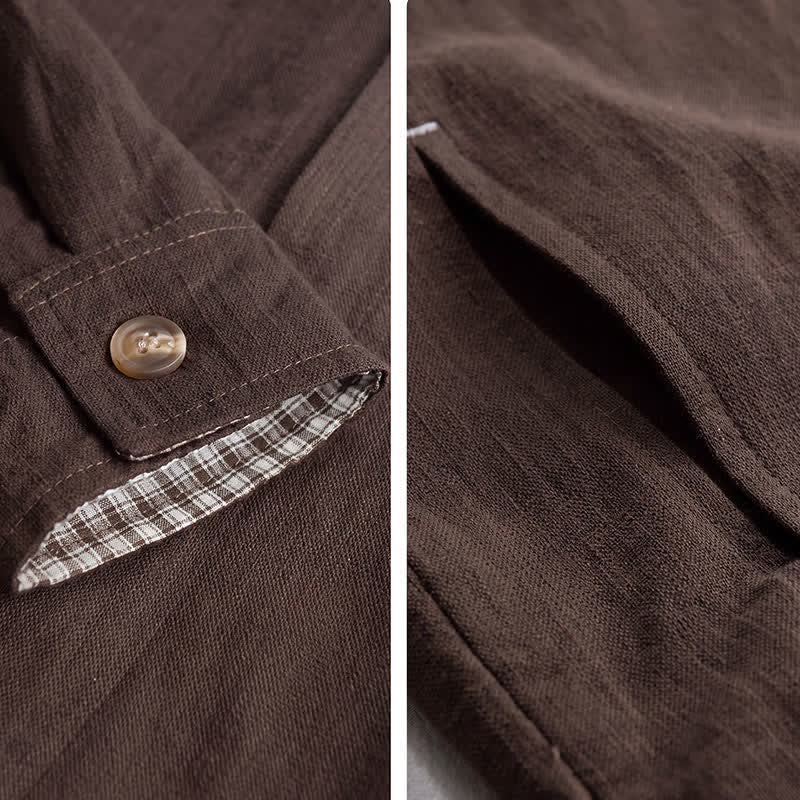 Buddha Stones Lässige Vintage-Herrenjacke aus einfarbigem Leinen mit Knopfleiste und Taschen für den Herbst - image 4
