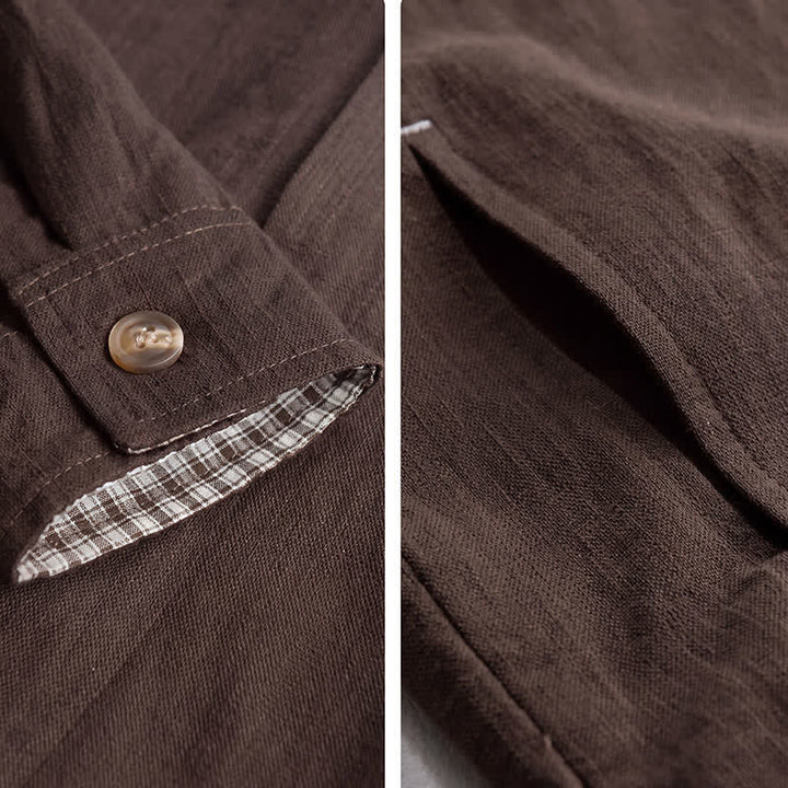 Buddha Stones Lässige Vintage-Herrenjacke aus einfarbigem Leinen mit Knopfleiste und Taschen für den Herbst - image 4