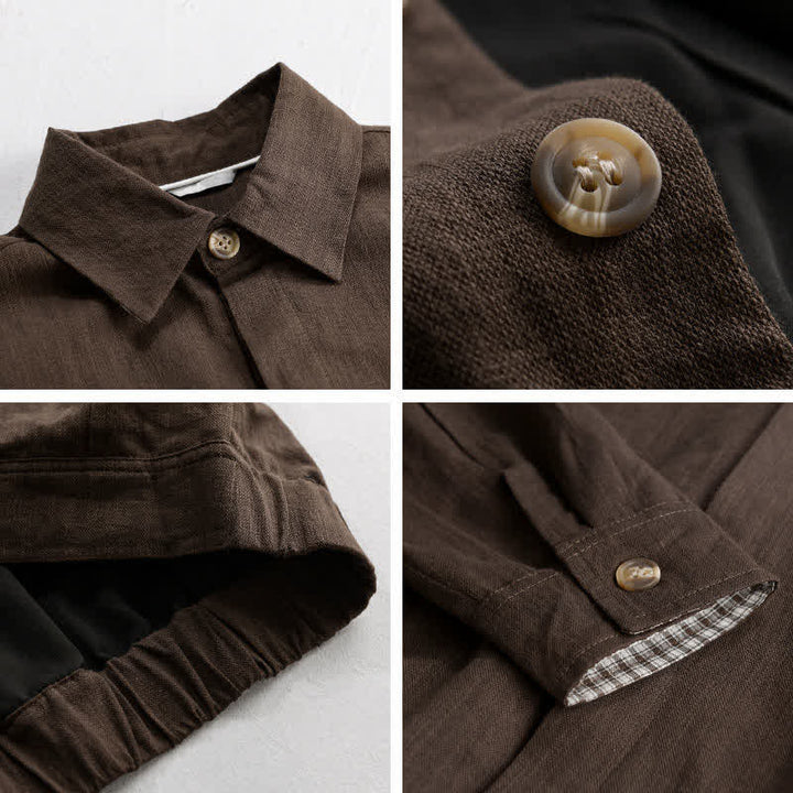 Buddha Stones Lässige Vintage-Herrenjacke aus einfarbigem Leinen mit Knopfleiste und Taschen für den Herbst - image 1