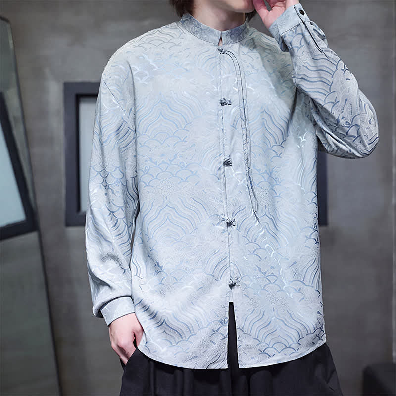 Buddha Stones Herbstliches Vintage-Langarmhemd im Tang-Stil mit Stehkragen und abstraktem Wellenmuster für Herren - image 33