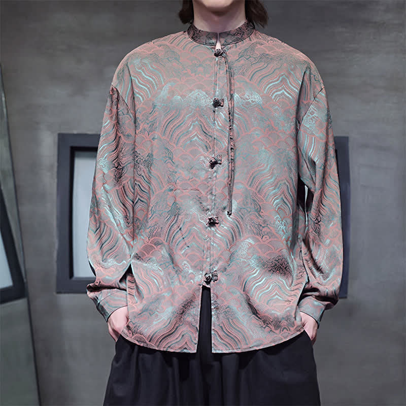 Buddha Stones Herbstliches Vintage-Langarmhemd im Tang-Stil mit Stehkragen und abstraktem Wellenmuster für Herren - Dunkelolivgrün - US/ UK/AU46, EU56 (5XL) - image 0