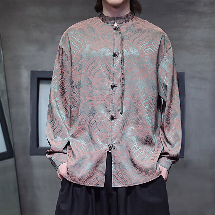 Buddha Stones Herbstliches Vintage-Langarmhemd im Tang-Stil mit Stehkragen und abstraktem Wellenmuster für Herren - Dunkelolivgrün - US/ UK/AU46, EU56 (5XL) - image 0