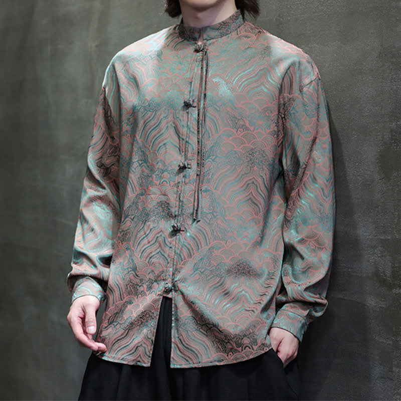 Buddha Stones Herbstliches Vintage-Langarmhemd im Tang-Stil mit Stehkragen und abstraktem Wellenmuster für Herren - image 3