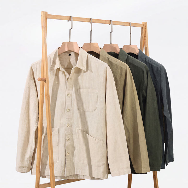 Buddha Stones Lässige, minimalistische Herrenjacke aus einfarbigem Ramie mit Knopfleiste und Taschen für den Herbst - image 21