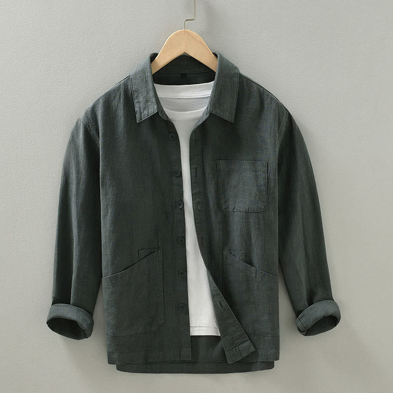 Buddha Stones Lässige, minimalistische Herrenjacke aus einfarbigem Ramie mit Knopfleiste und Taschen für den Herbst - DimGray - US/ UK/AU42, EU52 (3XL) - image 0