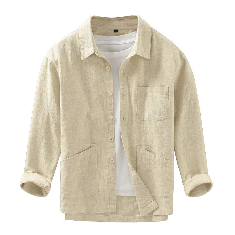 Buddha Stones Lässige, minimalistische Herrenjacke aus einfarbigem Ramie mit Knopfleiste und Taschen für den Herbst - image 14