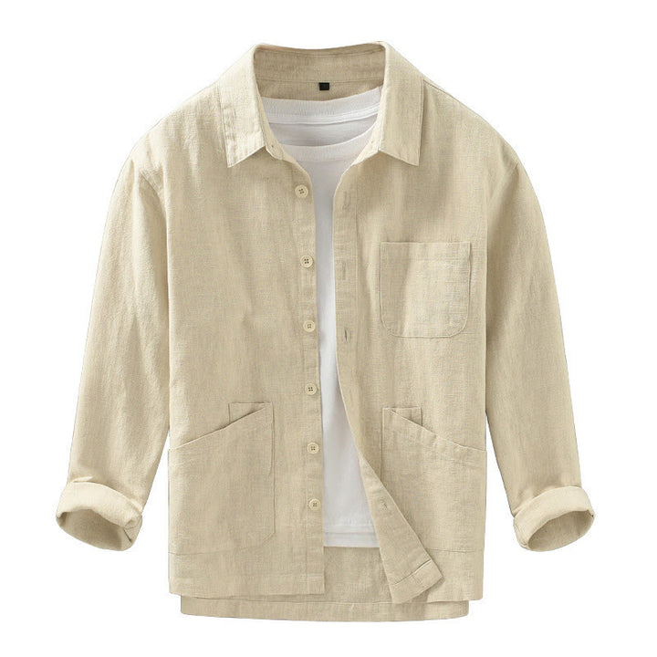 Buddha Stones Lässige, minimalistische Herrenjacke aus einfarbigem Ramie mit Knopfleiste und Taschen für den Herbst - image 14