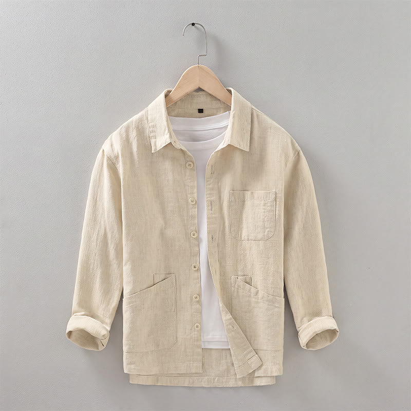 Buddha Stones Lässige, minimalistische Herrenjacke aus einfarbigem Ramie mit Knopfleiste und Taschen für den Herbst - Weizen - US/ UK/AU42, EU52 (3XL) - image 13
