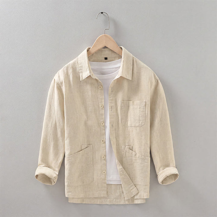 Buddha Stones Lässige, minimalistische Herrenjacke aus einfarbigem Ramie mit Knopfleiste und Taschen für den Herbst - Weizen - US/ UK/AU42, EU52 (3XL) - image 13