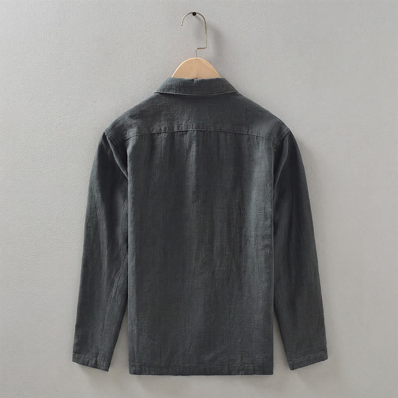 Buddha Stones Lässige, minimalistische Herrenjacke aus einfarbigem Ramie mit Knopfleiste und Taschen für den Herbst - image 1