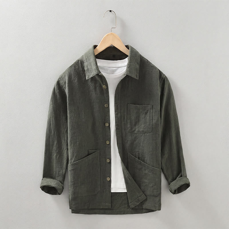 Buddha Stones Lässige, minimalistische Herrenjacke aus einfarbigem Ramie mit Knopfleiste und Taschen für den Herbst - Dunkelolivgrün - US/ UK/AU42, EU52 (3XL) - image 20