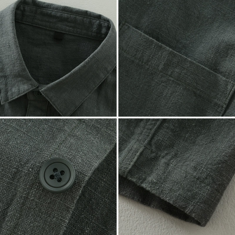 Buddha Stones Lässige, minimalistische Herrenjacke aus einfarbigem Ramie mit Knopfleiste und Taschen für den Herbst - image 2
