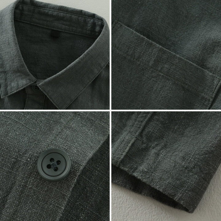 Buddha Stones Lässige, minimalistische Herrenjacke aus einfarbigem Ramie mit Knopfleiste und Taschen für den Herbst - image 2