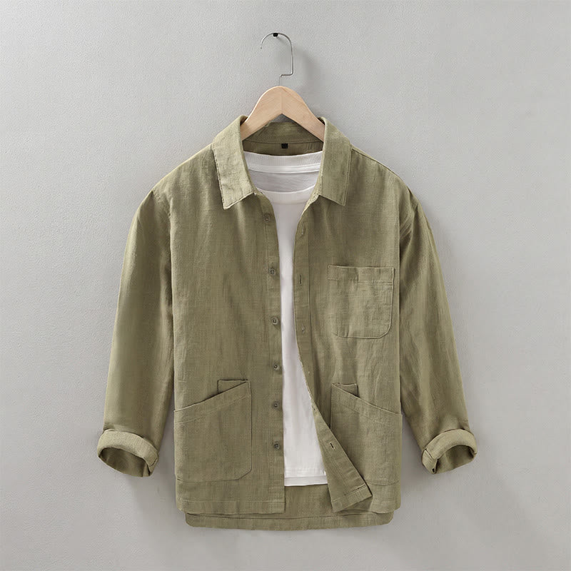 Buddha Stones Lässige, minimalistische Herrenjacke aus einfarbigem Ramie mit Knopfleiste und Taschen für den Herbst - Dunkelkhaki - US/ UK/AU42, EU52 (3XL) - image 19