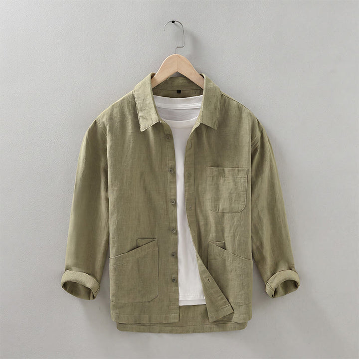 Buddha Stones Lässige, minimalistische Herrenjacke aus einfarbigem Ramie mit Knopfleiste und Taschen für den Herbst - Dunkelkhaki - US/ UK/AU42, EU52 (3XL) - image 19