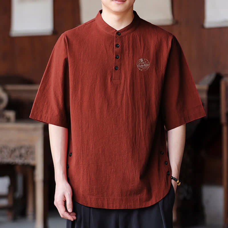 Buddha Stones Lässige Sommerhemden im Tang-Stil mit Stehkragen, einfarbig, Kurzarm, für Herren - IndianRed - US/UK/AU46, EU56 (5XL) - image 11