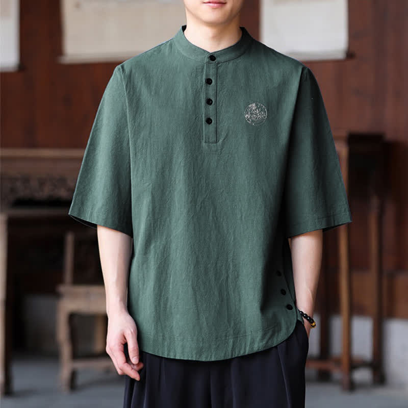 Buddha Stones Lässige Sommerhemden im Tang-Stil mit Stehkragen, einfarbig, Kurzarm, für Herren - SeaGreen - US/UK/AU46, EU56 (5XL) - image 0